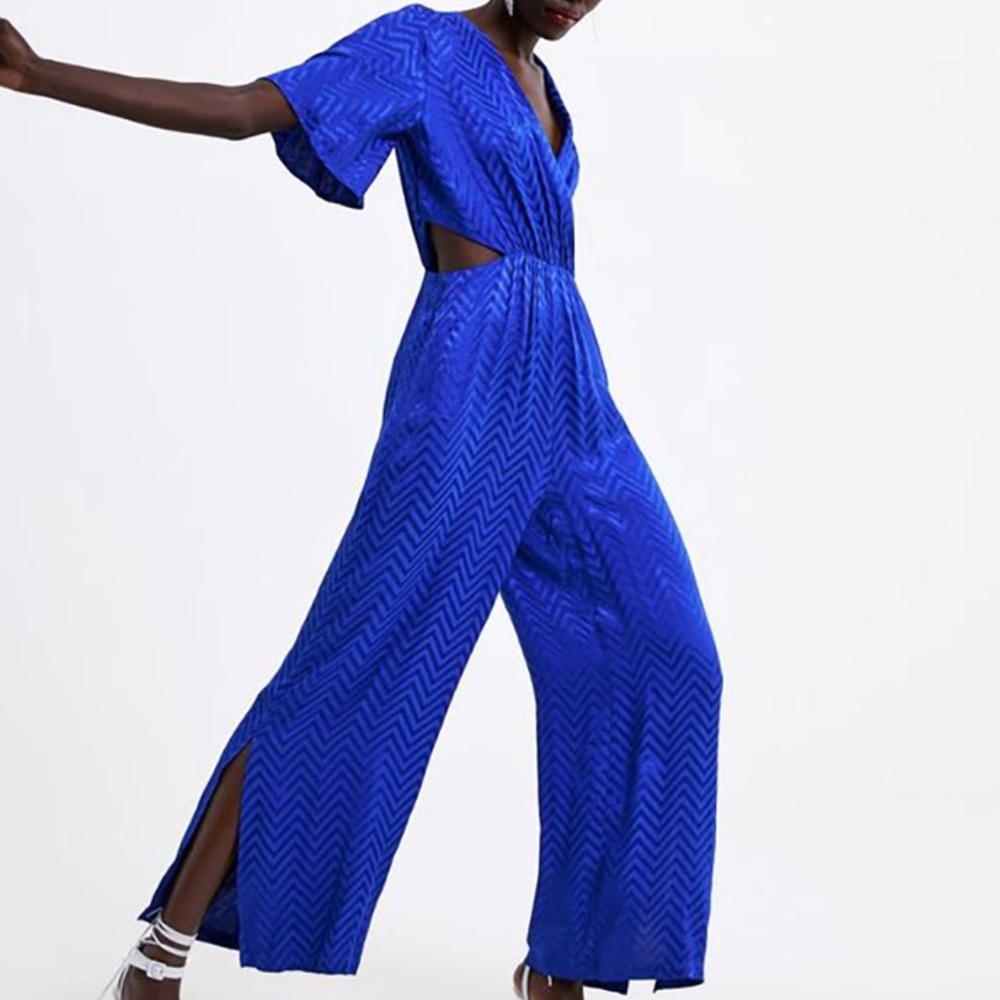 Disco Bell Sleeve Surplice Open Back Satin Wide-Leg Jumpsuit